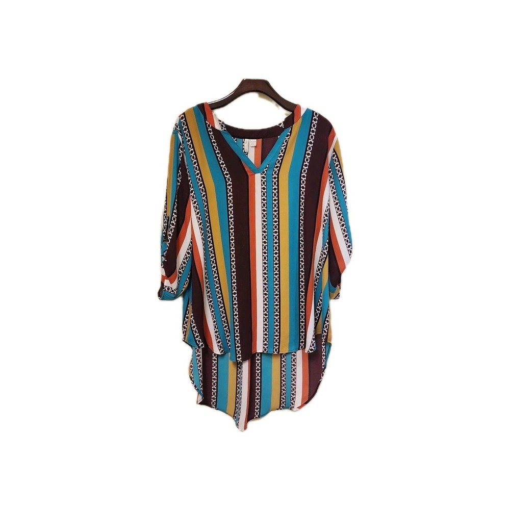 Cato Tunic Blouse Size 18/20W Multicolor Striped Chains Long Sleeve High Low